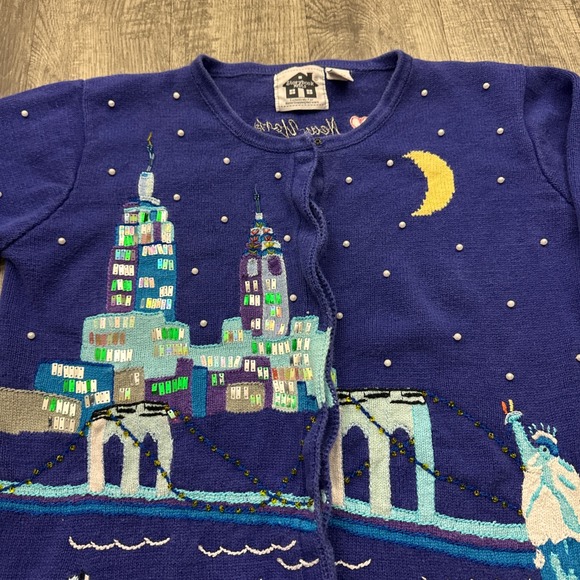 Vintage Storybook Knits New York City Statue Of Liberty Cardigan Sweater Sz L - Picture 4 of 6